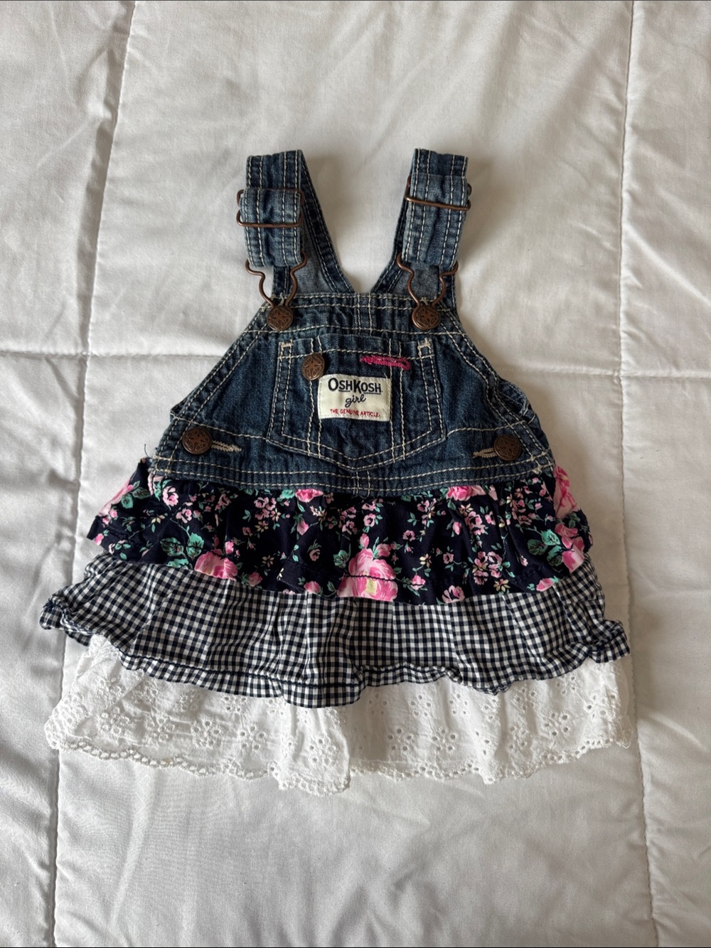 OshKosh B'gosh Navy Denim Floral Ruffle Overall Dress - 3 months.